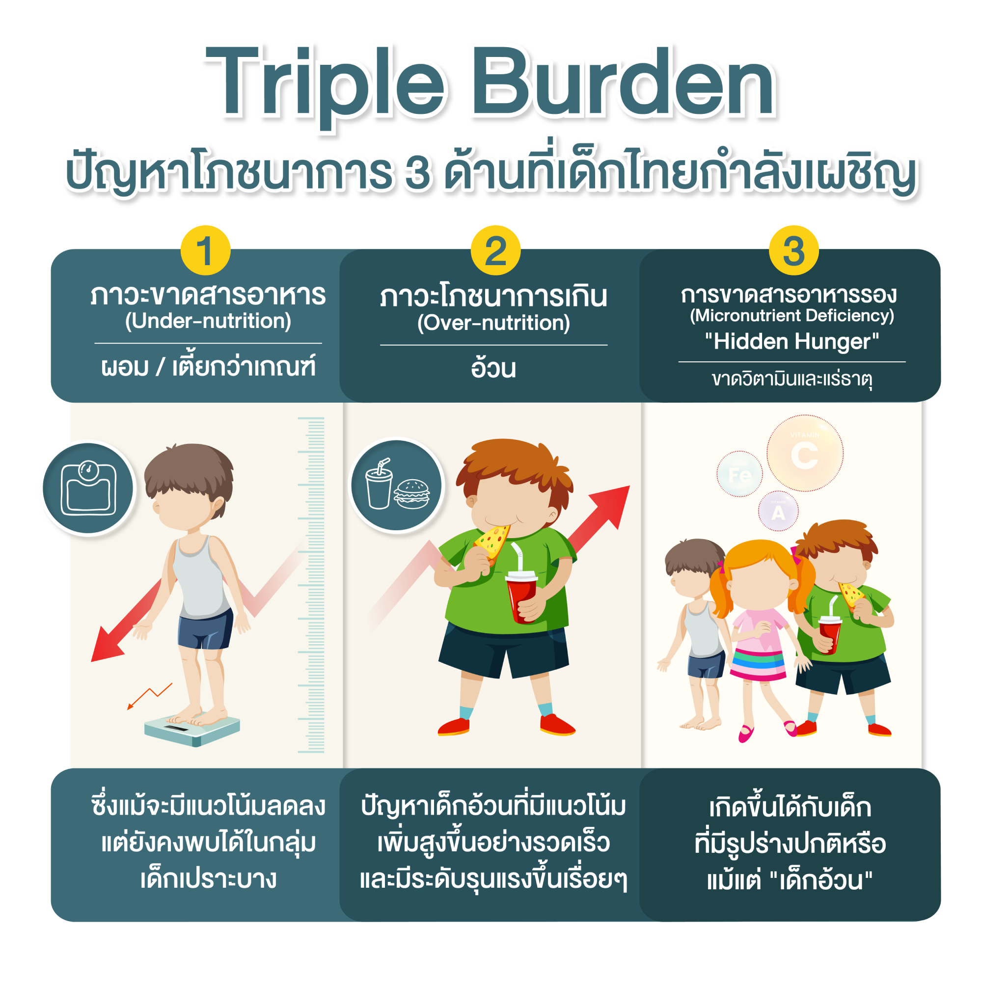 Triple Burden คือ, เด็กขาดสารอาหาร, เด็กขาดวิตามิน, ปัญหา เด็กขาดสารอาหาร วิตามิน เกลือแร่, ทำไมเด็กขาดสารอาหาร, ทำไมเด็กได้วิตามินไม่เพียงพอ, ทำไมเด็กได้รับเกลือแร่ไม่มากพอ, เด็กขาดธาตุเหล็ก, เด็กตัวซีด โลหิตจาง, ภาวะการขาดสารอาหารรอง, เด็กอ้วน ภาวะโภชนาการเกิน, สมาคมอาหารเด็กแห่งประเทศไทย
