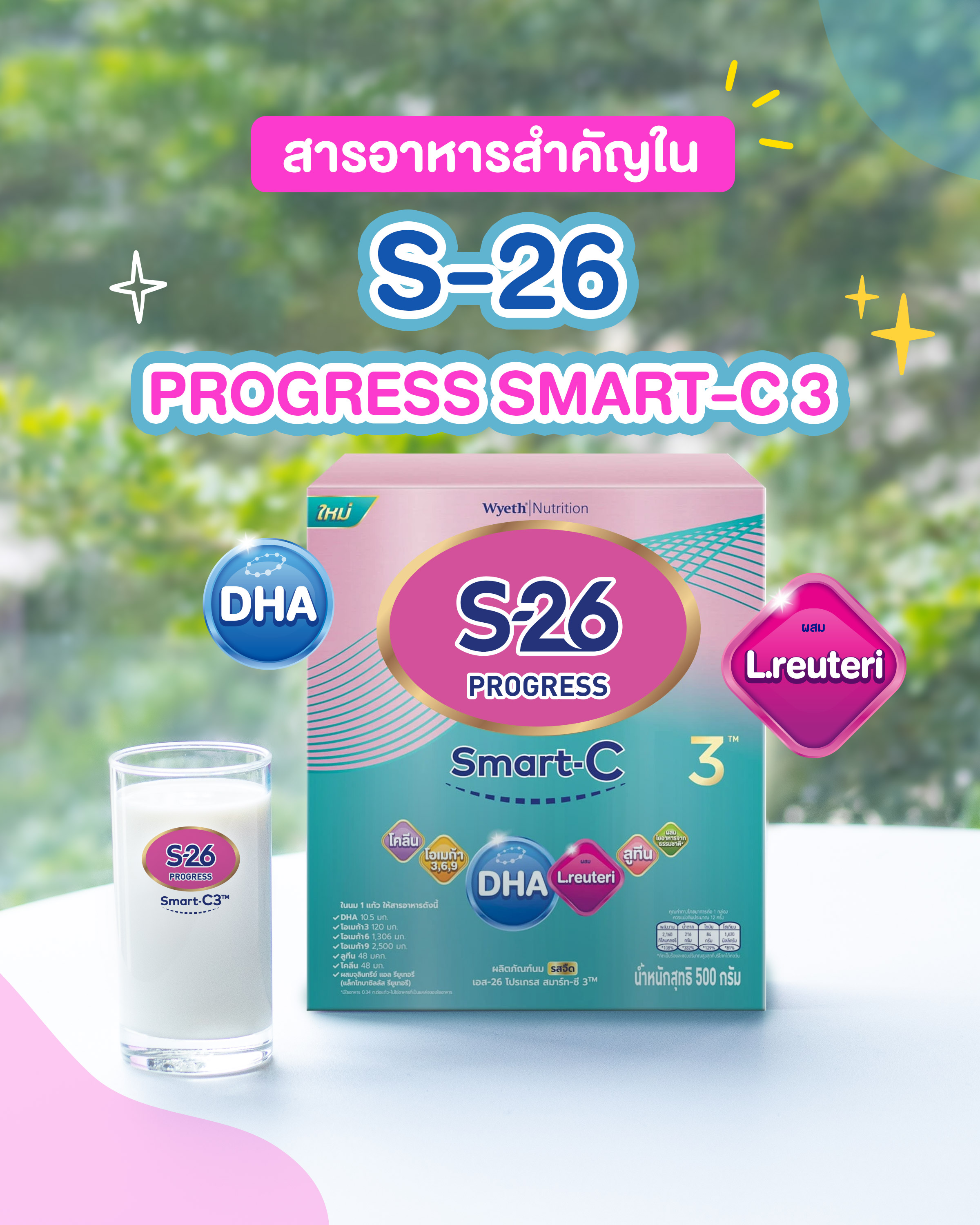 นมผงเด็ก, นมผง, นมสำหรับเด็กผ่าคลอด, แอล.รียูเทอรี L. reuteri, ดีเอชเอ DHA, ระบบภูมิคุ้มกัน, เด็กอายุ 1 ปีขึ้นไป. ครบ 5 หมู่, นมผง S-26 Progress Smart C 3, นม เอส 26, นม จุลินทรีย์สุขภาพ, จุลินทรีย์ สำหรับเด็ก, นมผงเหมาะกับเด็กแบบไหน