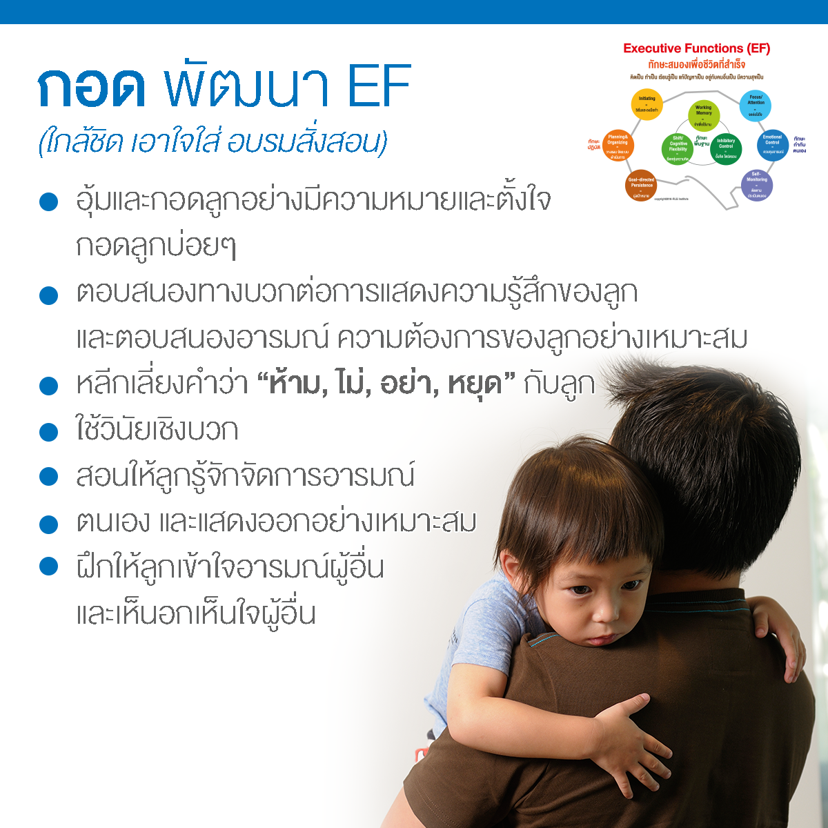 EF, Executive Functions, ทักษะสมองเพื่อชีวิตที่สำเร็จ, การทำงานของสมองส่วนหน้า, ทักษะสมอง EF, พัฒนา EF, ฝึก EF, EF คืออะไร, อีเอฟคืออะไร, ปรับพฤติกรรมลูก, ลูกก้าวร้าว, ลูกเอาแต่ใจ, ลูกดื้อ, ลูกไม่มีความอดทน, ลูกขี้เกียจ, ลูกความจำไม่ดี, ลูกชอบเถียง, ลูกอาละวาด, ลูกอารมณ์ร้าย, ลูกอ่อนไหว, ลูกปรับตัวไม่เป็น, ลูกปรับตัวไม่เก่ง, ลูกขี้อาย, ลูกไม่มีความยับยั้งชั่งใจ, ลูกไม่มีระเบียบ, ลูกไม่มีวินัย, Working memory, ความจำเพื่อใช้งาน, Inhibitory Control, การยั้งคิด ไตร่ตรอง, Shift, Cognitive Flexibility, การยืดหยุ่นความคิด,Focus, Attention, จดจ่อใส่ใจ, Emotional Control, การควบคุมอารมณ์, Planning,Organizing, การวางแผน, การจัดระบบดำเนินการ, Self-Monitoring, การรู้จักประเมินตนเอง,Initiating, การริเริ่มและลงมือทำ, Goal-Directed Persistence, ความพากเพียร, มุ่งสู่เป้าหมาย, เลี้ยงลูกให้เก่ง, เลี้ยงลูกให้เอาตัวรอด, เลี้ยงลูกให้ดี, เลี้ยงลูกให้ฉลาด, เลี้ยงลูกให้เป็นคนดี, เลี้ยงลูกให้ดูแลตัวเองได้