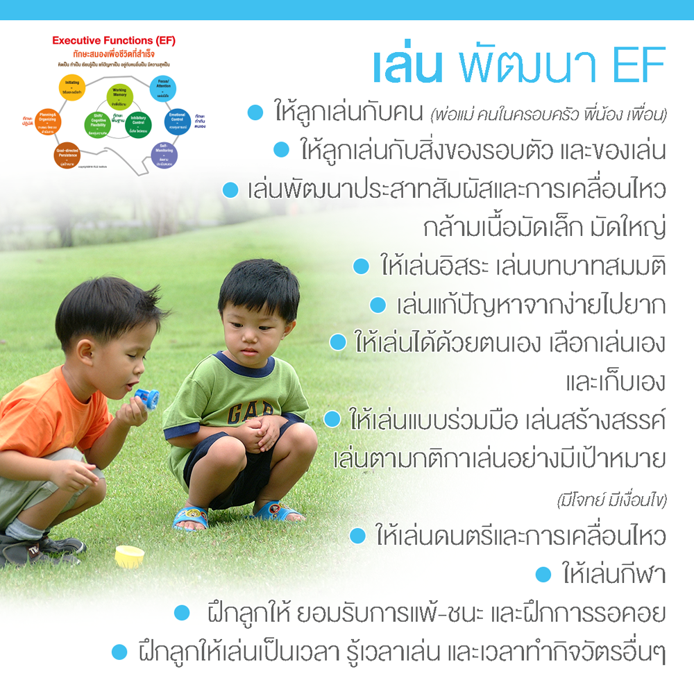 EF, Executive Functions, ทักษะสมองเพื่อชีวิตที่สำเร็จ, การทำงานของสมองส่วนหน้า, ทักษะสมอง EF, พัฒนา EF, ฝึก EF, EF คืออะไร, อีเอฟคืออะไร, ปรับพฤติกรรมลูก, ลูกก้าวร้าว, ลูกเอาแต่ใจ, ลูกดื้อ, ลูกไม่มีความอดทน, ลูกขี้เกียจ, ลูกความจำไม่ดี, ลูกชอบเถียง, ลูกอาละวาด, ลูกอารมณ์ร้าย, ลูกอ่อนไหว, ลูกปรับตัวไม่เป็น, ลูกปรับตัวไม่เก่ง, ลูกขี้อาย, ลูกไม่มีความยับยั้งชั่งใจ, ลูกไม่มีระเบียบ, ลูกไม่มีวินัย, Working memory, ความจำเพื่อใช้งาน, Inhibitory Control, การยั้งคิด ไตร่ตรอง, Shift, Cognitive Flexibility, การยืดหยุ่นความคิด,Focus, Attention, จดจ่อใส่ใจ, Emotional Control, การควบคุมอารมณ์, Planning,Organizing, การวางแผน, การจัดระบบดำเนินการ, Self-Monitoring, การรู้จักประเมินตนเอง,Initiating, การริเริ่มและลงมือทำ, Goal-Directed Persistence, ความพากเพียร, มุ่งสู่เป้าหมาย, เลี้ยงลูกให้เก่ง, เลี้ยงลูกให้เอาตัวรอด, เลี้ยงลูกให้ดี, เลี้ยงลูกให้ฉลาด, เลี้ยงลูกให้เป็นคนดี, เลี้ยงลูกให้ดูแลตัวเองได้