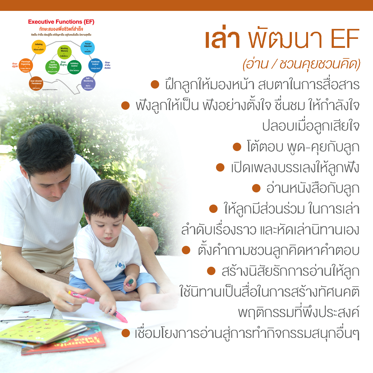 EF, Executive Functions, ทักษะสมองเพื่อชีวิตที่สำเร็จ, การทำงานของสมองส่วนหน้า, ทักษะสมอง EF, พัฒนา EF, ฝึก EF, EF คืออะไร, อีเอฟคืออะไร, ปรับพฤติกรรมลูก, ลูกก้าวร้าว, ลูกเอาแต่ใจ, ลูกดื้อ, ลูกไม่มีความอดทน, ลูกขี้เกียจ, ลูกความจำไม่ดี, ลูกชอบเถียง, ลูกอาละวาด, ลูกอารมณ์ร้าย, ลูกอ่อนไหว, ลูกปรับตัวไม่เป็น, ลูกปรับตัวไม่เก่ง, ลูกขี้อาย, ลูกไม่มีความยับยั้งชั่งใจ, ลูกไม่มีระเบียบ, ลูกไม่มีวินัย, Working memory, ความจำเพื่อใช้งาน, Inhibitory Control, การยั้งคิด ไตร่ตรอง, Shift, Cognitive Flexibility, การยืดหยุ่นความคิด,Focus, Attention, จดจ่อใส่ใจ, Emotional Control, การควบคุมอารมณ์, Planning,Organizing, การวางแผน, การจัดระบบดำเนินการ, Self-Monitoring, การรู้จักประเมินตนเอง,Initiating, การริเริ่มและลงมือทำ, Goal-Directed Persistence, ความพากเพียร, มุ่งสู่เป้าหมาย, เลี้ยงลูกให้เก่ง, เลี้ยงลูกให้เอาตัวรอด, เลี้ยงลูกให้ดี, เลี้ยงลูกให้ฉลาด, เลี้ยงลูกให้เป็นคนดี, เลี้ยงลูกให้ดูแลตัวเองได้