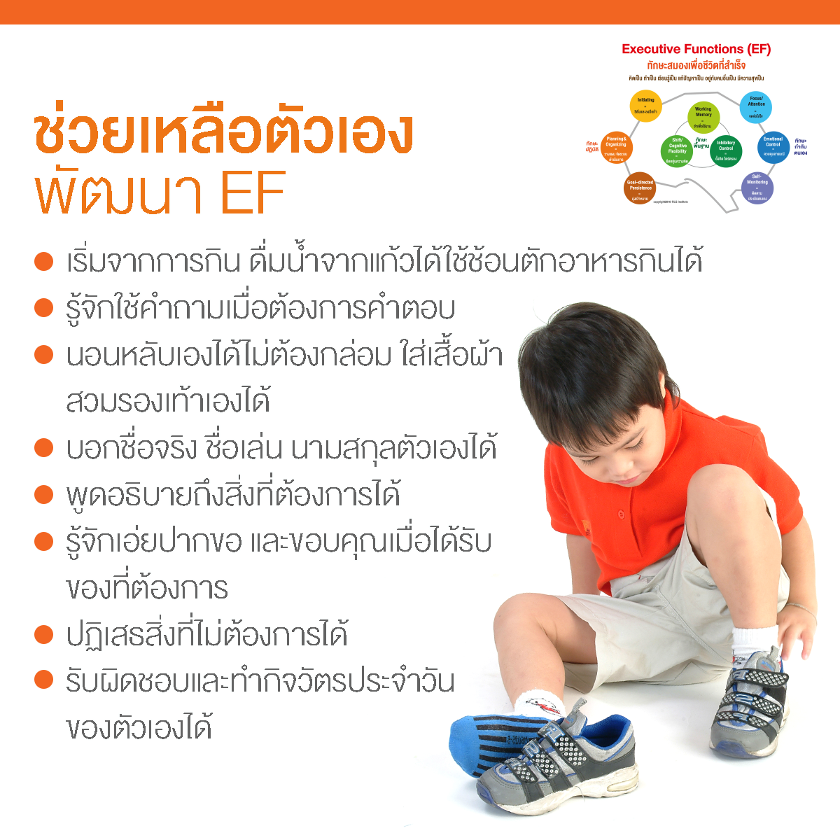 EF, Executive Functions, ทักษะสมองเพื่อชีวิตที่สำเร็จ, การทำงานของสมองส่วนหน้า, ทักษะสมอง EF, พัฒนา EF, ฝึก EF, EF คืออะไร, อีเอฟคืออะไร, ปรับพฤติกรรมลูก, ลูกก้าวร้าว, ลูกเอาแต่ใจ, ลูกดื้อ, ลูกไม่มีความอดทน, ลูกขี้เกียจ, ลูกความจำไม่ดี, ลูกชอบเถียง, ลูกอาละวาด, ลูกอารมณ์ร้าย, ลูกอ่อนไหว, ลูกปรับตัวไม่เป็น, ลูกปรับตัวไม่เก่ง, ลูกขี้อาย, ลูกไม่มีความยับยั้งชั่งใจ, ลูกไม่มีระเบียบ, ลูกไม่มีวินัย, Working memory, ความจำเพื่อใช้งาน, Inhibitory Control, การยั้งคิด ไตร่ตรอง, Shift, Cognitive Flexibility, การยืดหยุ่นความคิด,Focus, Attention, จดจ่อใส่ใจ, Emotional Control, การควบคุมอารมณ์, Planning,Organizing, การวางแผน, การจัดระบบดำเนินการ, Self-Monitoring, การรู้จักประเมินตนเอง,Initiating, การริเริ่มและลงมือทำ, Goal-Directed Persistence, ความพากเพียร, มุ่งสู่เป้าหมาย, เลี้ยงลูกให้เก่ง, เลี้ยงลูกให้เอาตัวรอด, เลี้ยงลูกให้ดี, เลี้ยงลูกให้ฉลาด, เลี้ยงลูกให้เป็นคนดี, เลี้ยงลูกให้ดูแลตัวเองได้